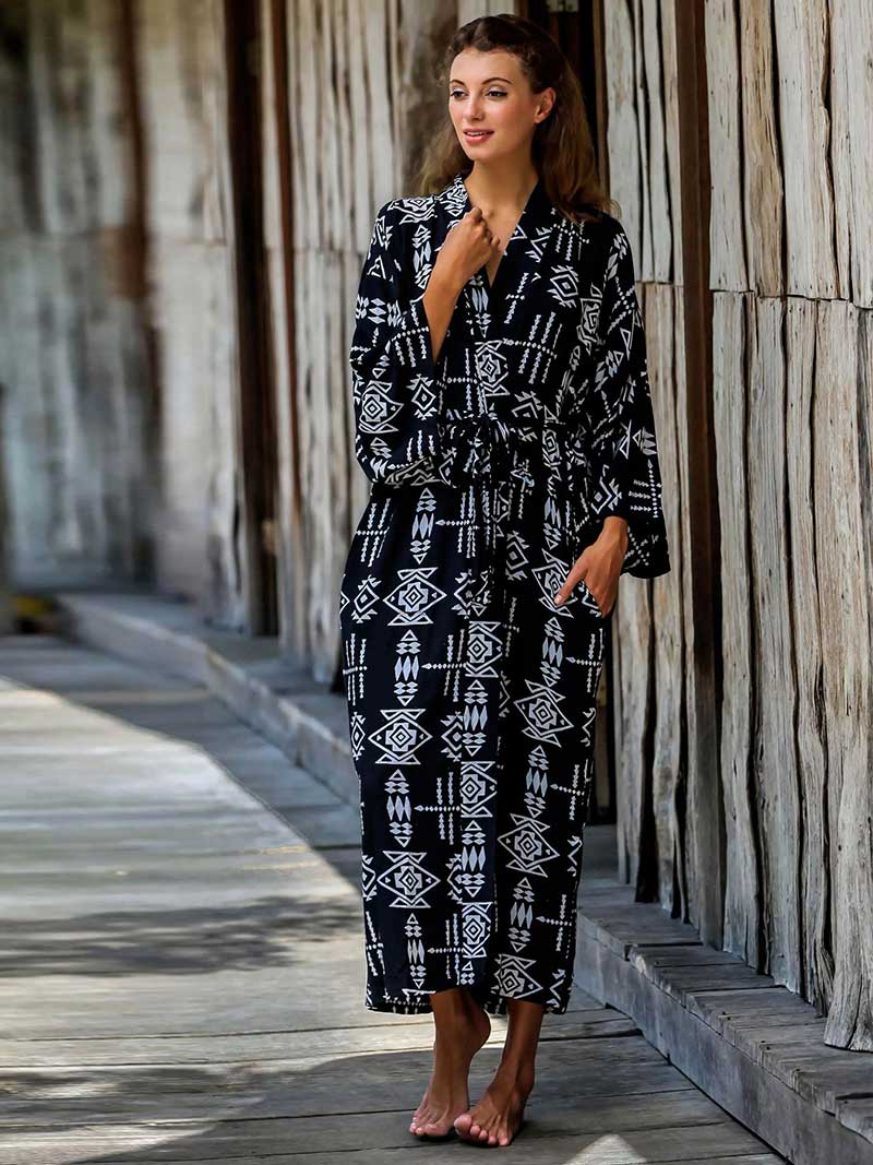 Open Front Abstract Print Belted Long Kimono Robe 12