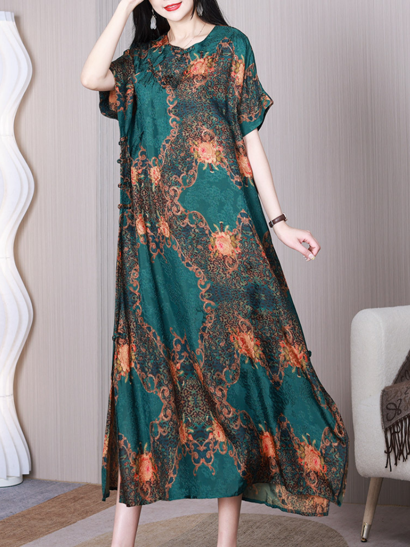 Green Round Neck Short Sleeve Floral Print Satin Shift Maxi Dress 5