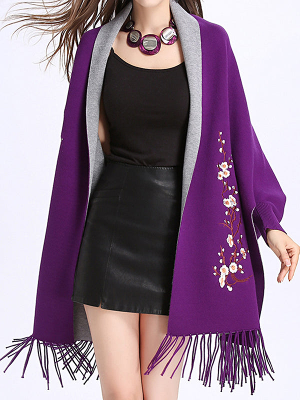 Floral Embroidered Contrast Border Fringe Shawl Cardigan