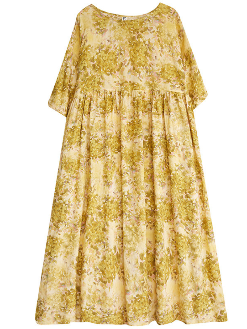 Round Neck Short Sleeve Floral Print Pleated Smock Maxi Dress