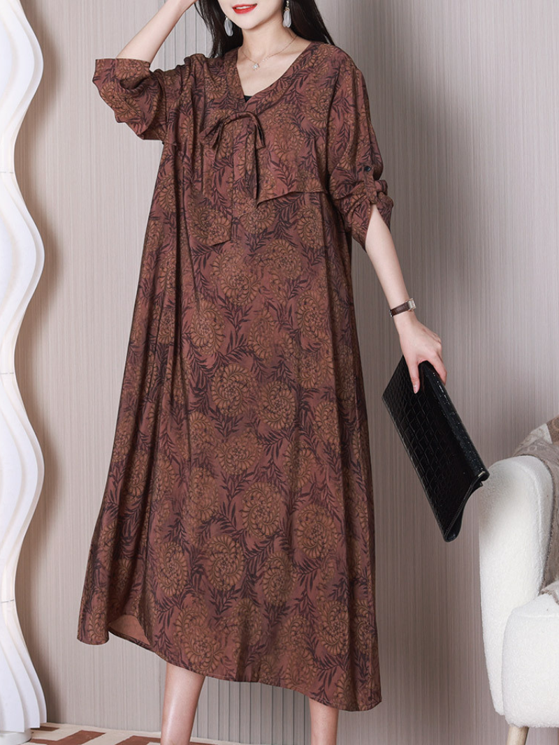 Coffee V-Neck Floral Bow Tie Long Sleeve Loose A-Line Maxi Dress