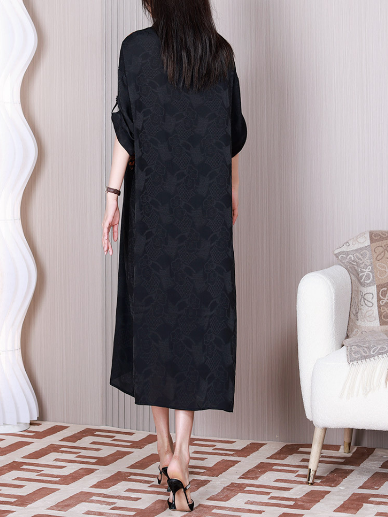 Black Collared Button Front Floral Jacquard Spliced A-Line Midi Dress 4