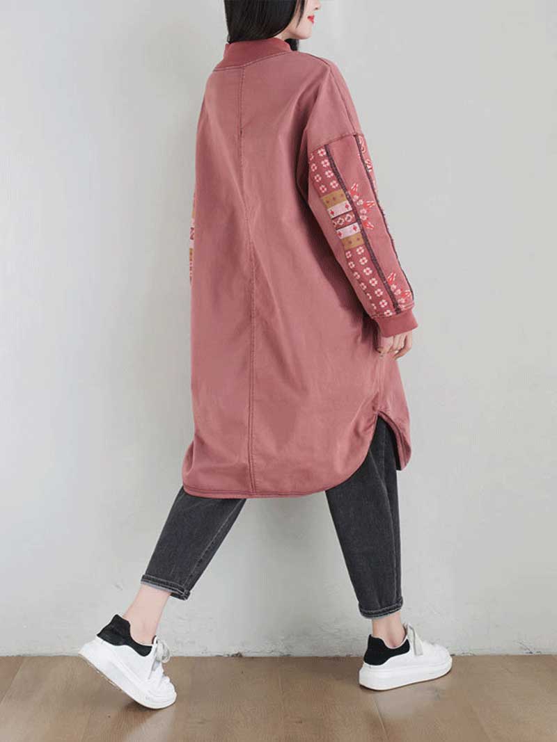 Mock Neck Patchwork Print Long Sleeve Loose Midi Dress