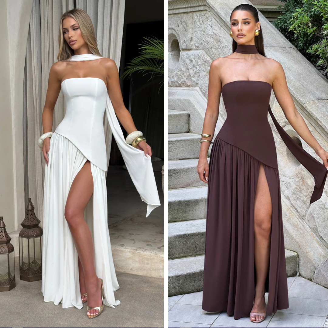 Strapless Neck Scarf Asymmetric High Slit Flowy Maxi Gown 24