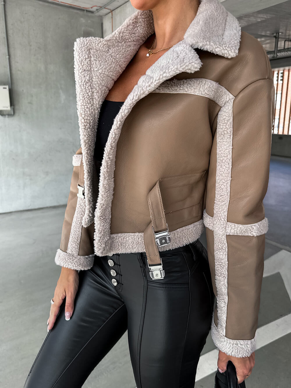 Lapel Collar Faux Shearling Buckle Cropped Moto Jacket 7