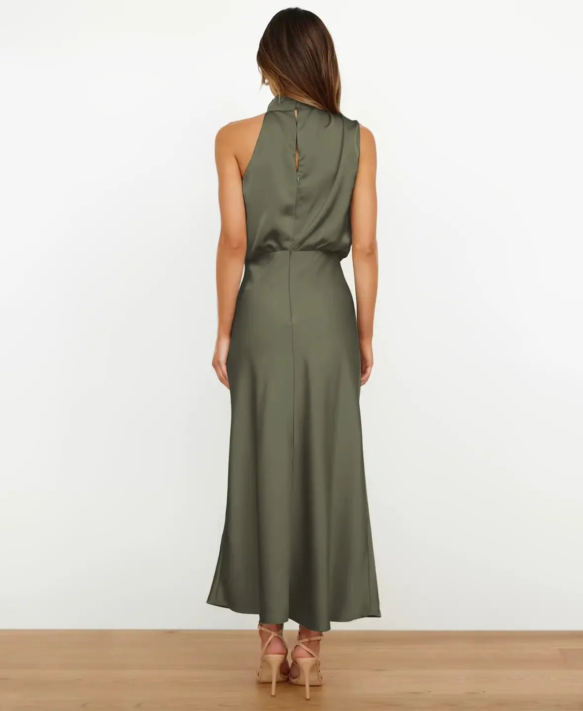 Halter Neck Draped Satin Sleeveless A-Line Maxi Dress 4
