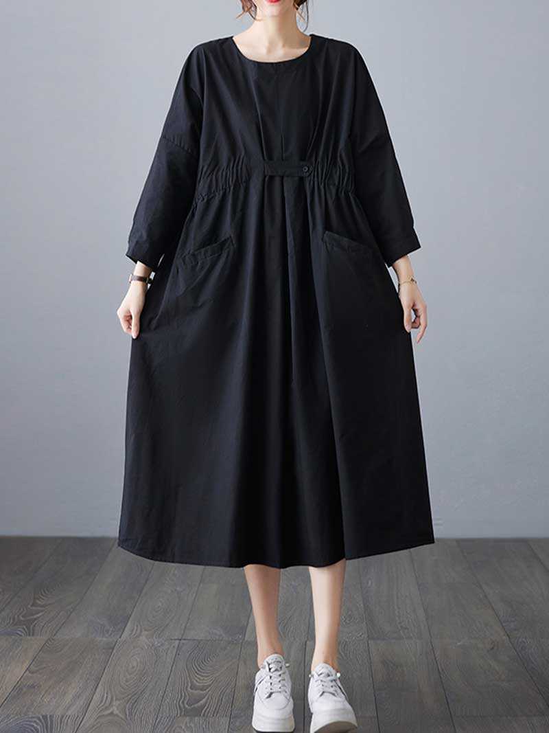 Round Neck Half Sleeve Cinched Waist Pocket Cotton Midi Dress