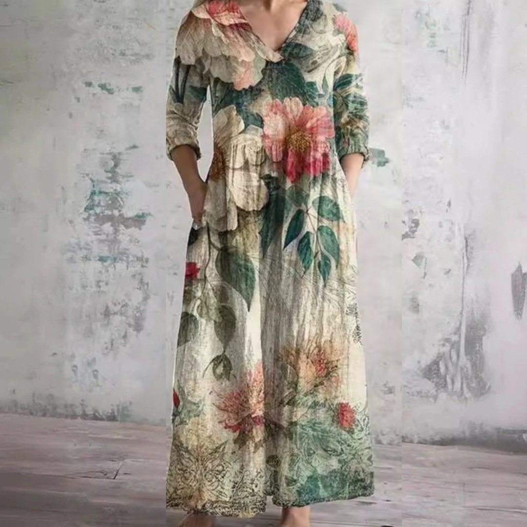 Multicolor Notch Neck Watercolor Floral Long Sleeve Pocket Maxi Dress