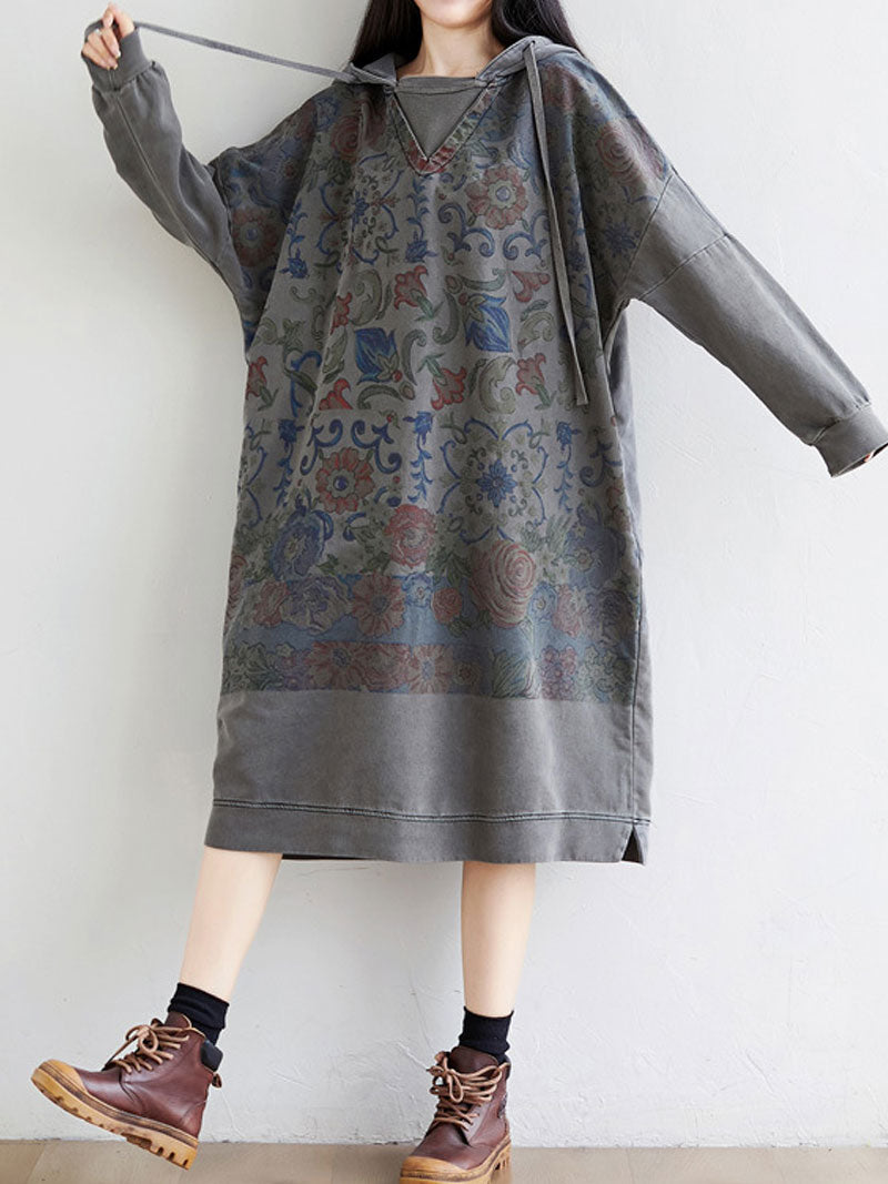 Hooded Floral Print Long Sleeve Loose Midi Dress 8