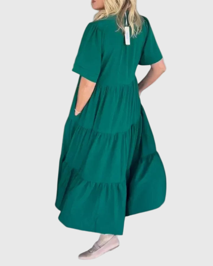 Notch Neck Short Sleeve Tiered Pocket Flowy Maxi Dress