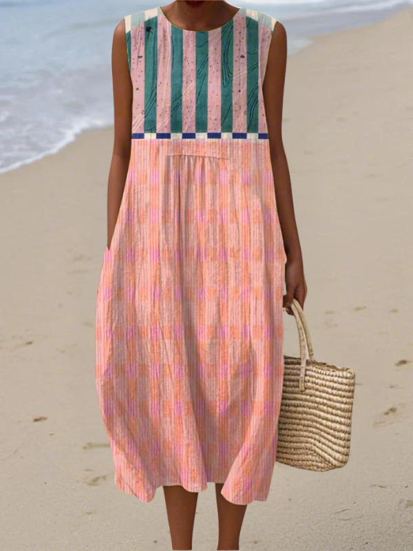 Multicolor Round Neck Striped Colorblock Sleeveless Cocoon Midi Dress