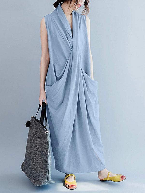 V-Neck Sleeveless Twist Front Draped Loose Cocoon Maxi Dress 12