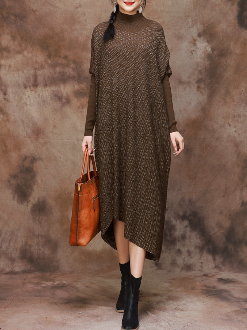 Mock Neck Batwing Sleeve Knit Asymmetric Hem Loose Sweater Dress 2