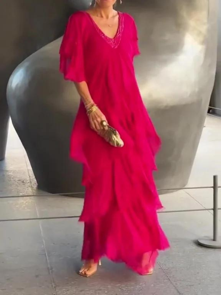 V-Neck Sequin Trim Flutter Sleeve Tiered Ruffle Chiffon Maxi Dress 14