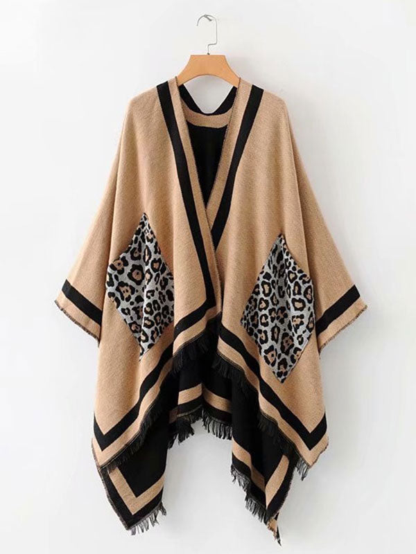 Leopard Pocket Fringe Trim Open Front Shawl Cape 6