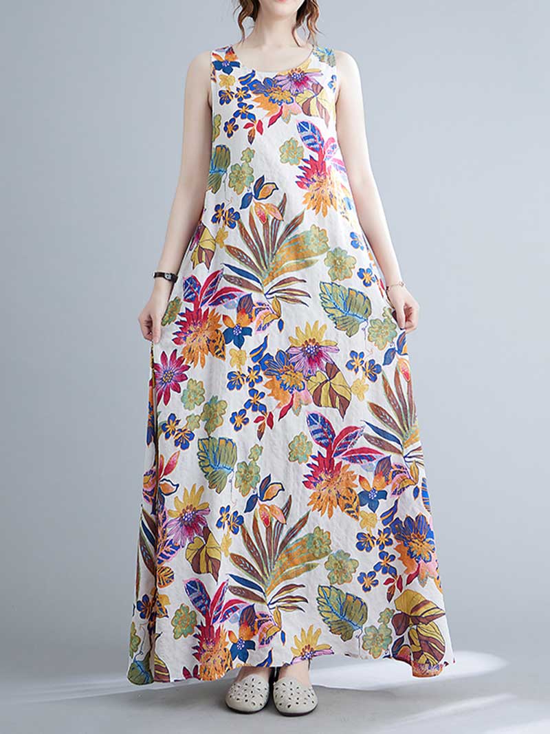 Round Neck Sleeveless Tropical Floral Print Loose A-Line Maxi Dress
