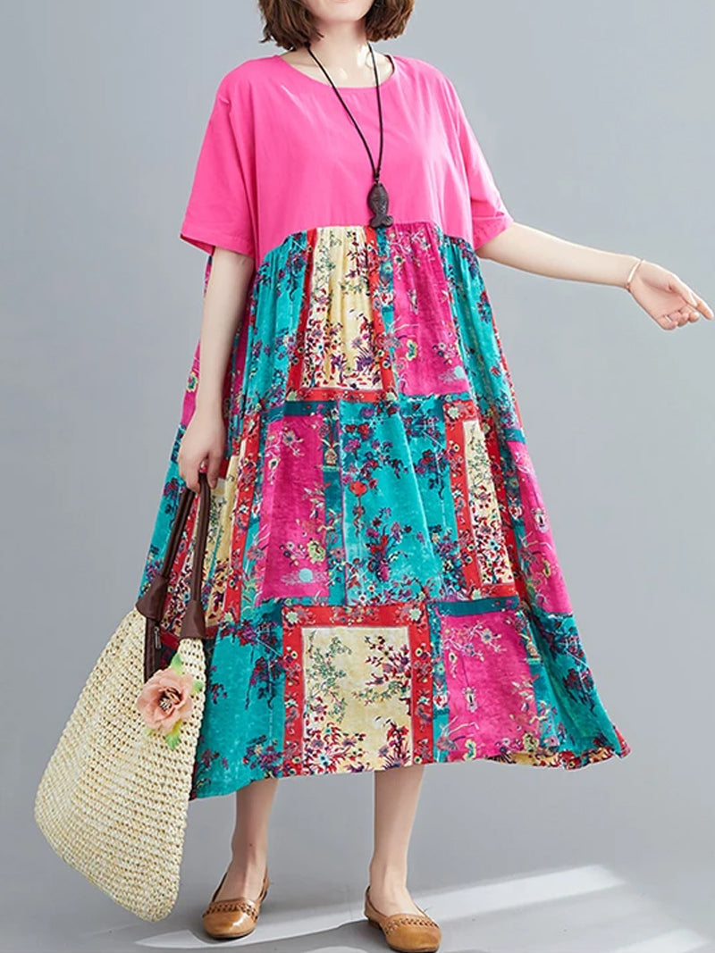 Round Neck Short Sleeve Floral Patchwork Print Smock Midi Dress 8