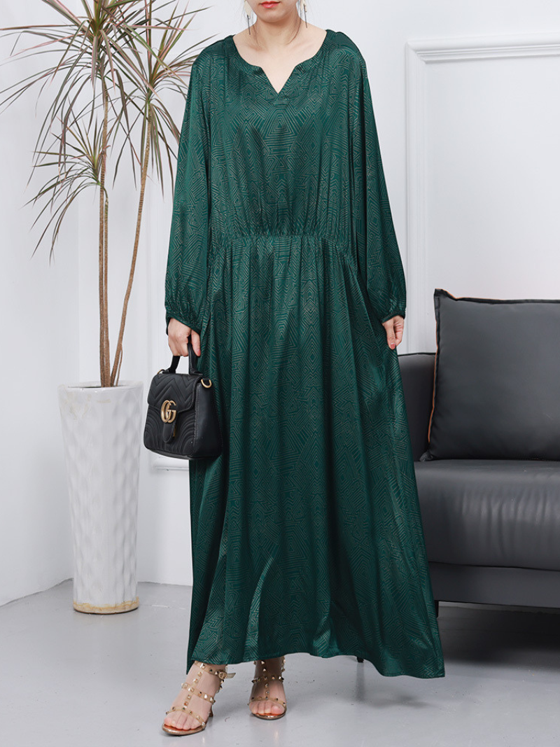 Split Neck Long Sleeve Jacquard Satin A-Line Maxi Dress