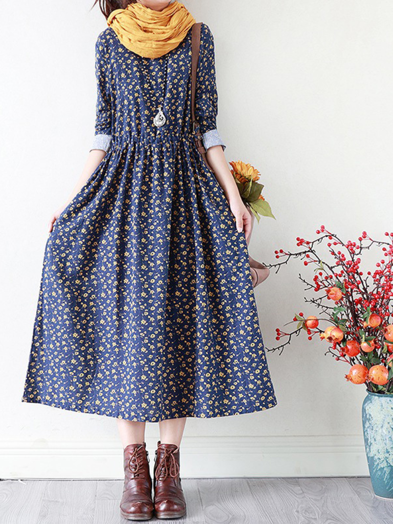 Round Neck Ditsy Floral Lace Cuff Long Sleeve A-Line Maxi Dress 2