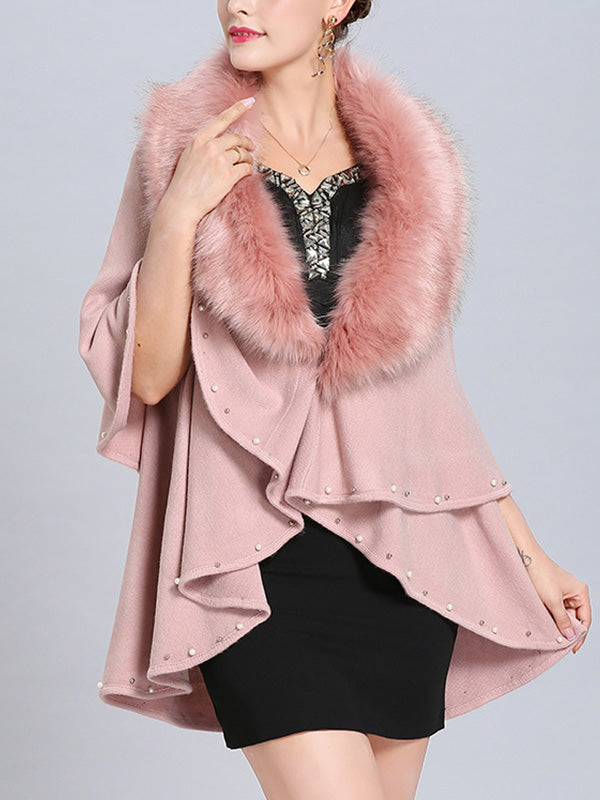 Fur Collar Pearl Trim Draped Knit Cape Cardigan 11