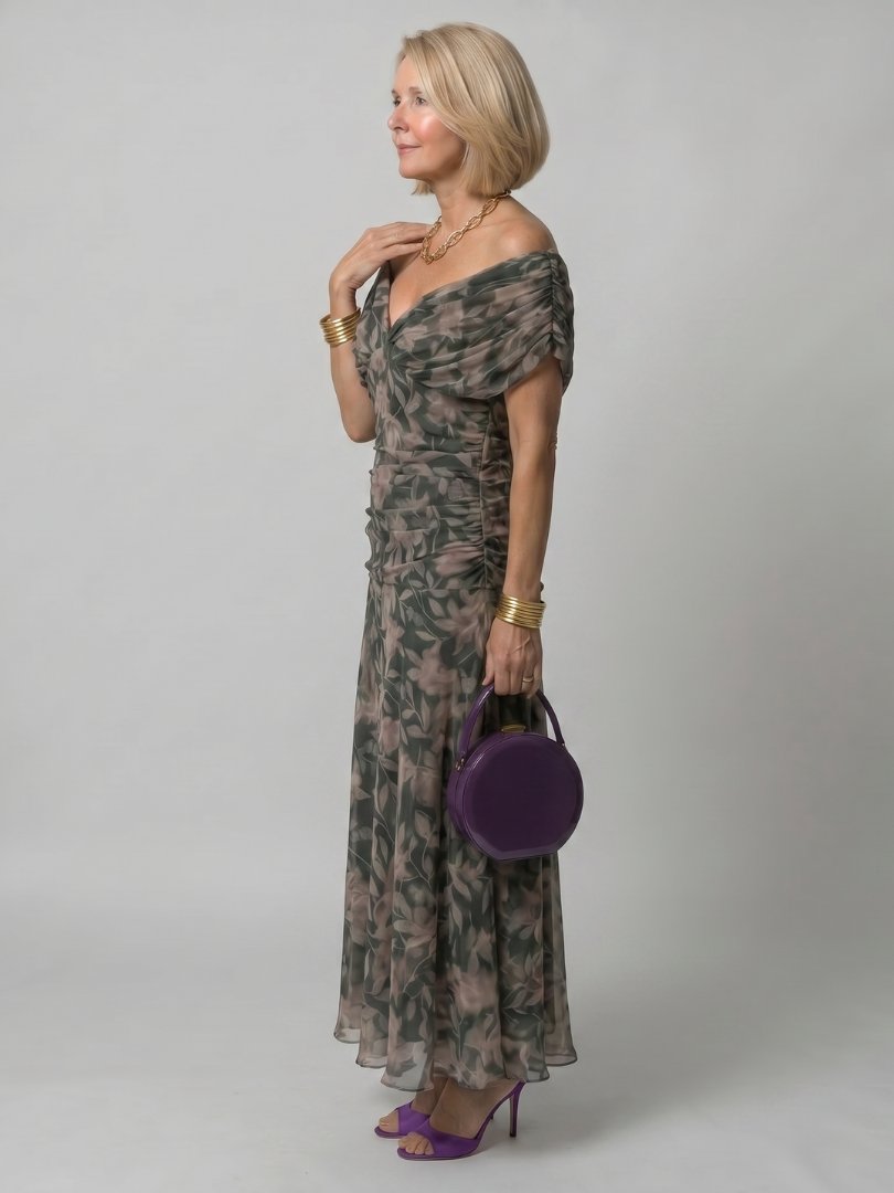 Off-Shoulder Twist Front Floral Ruched Chiffon A-Line Maxi Dress 14