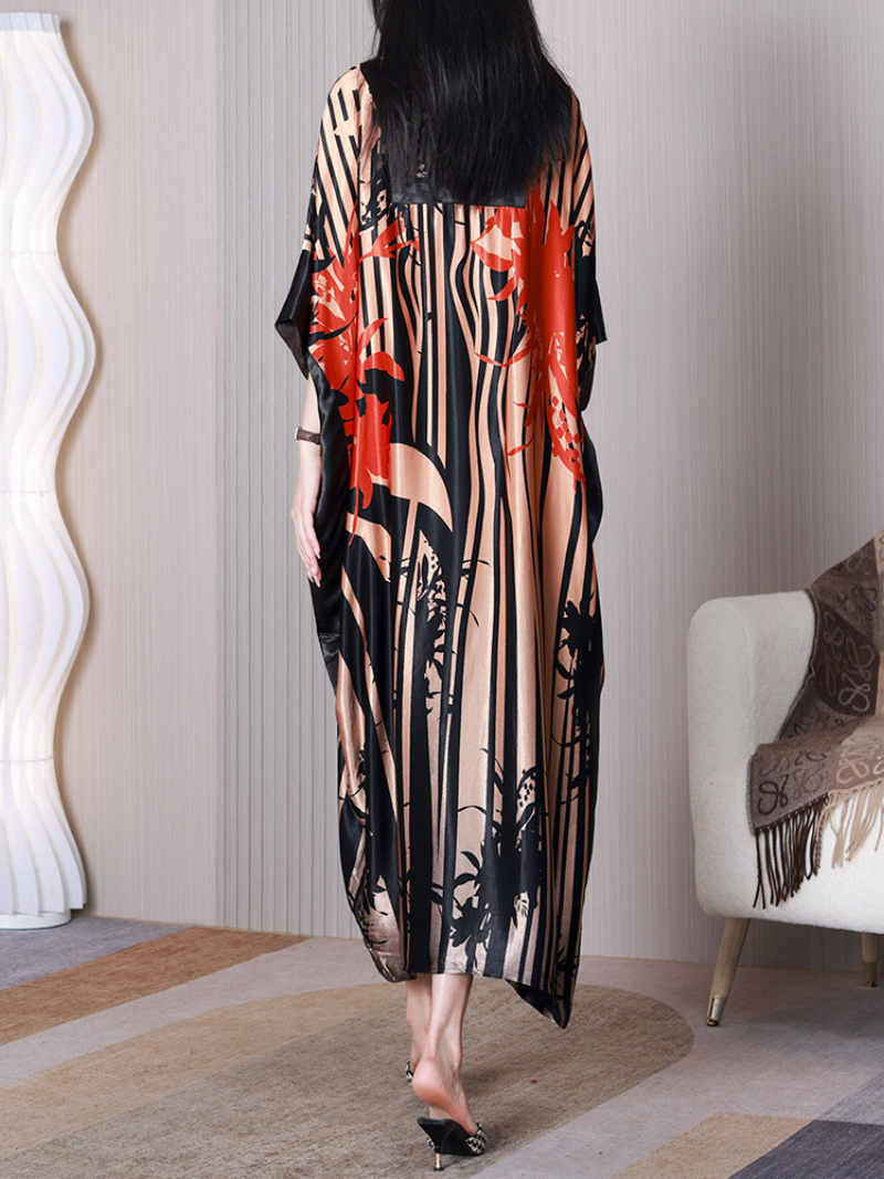 Square Neck Batwing Sleeve Abstract Floral Satin Kaftan Maxi Dress