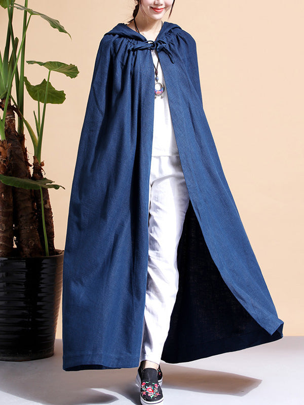 Hooded Open Front Linen Long Cape Coat