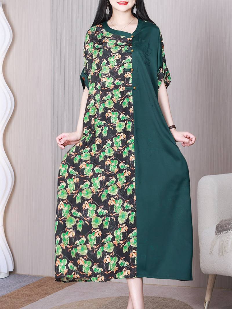 Round Neck Floral Patchwork Short Sleeve Loose Maxi Dress