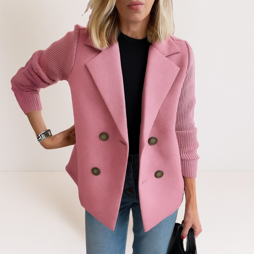 Notch Lapel Ribbed Knit Sleeve Double-Breasted Coat 2
