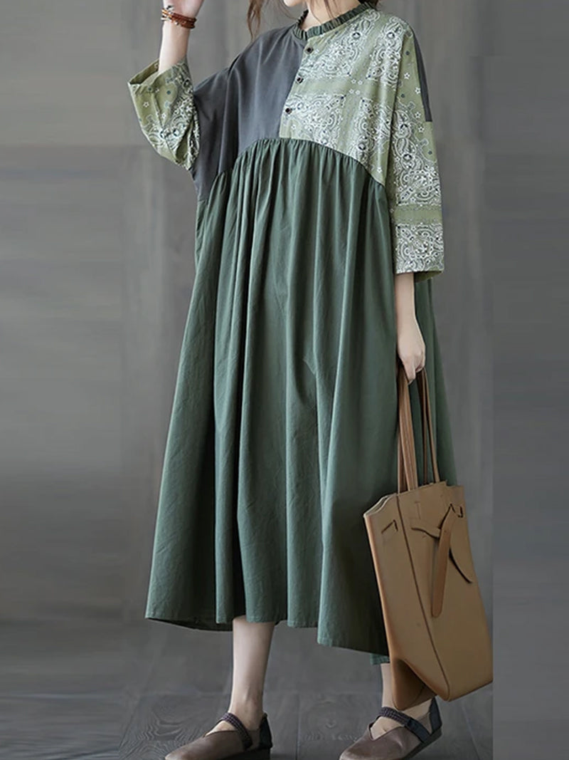 Ruffle Collar Paisley Patchwork Pleated Long Sleeve Smock Maxi Dress
