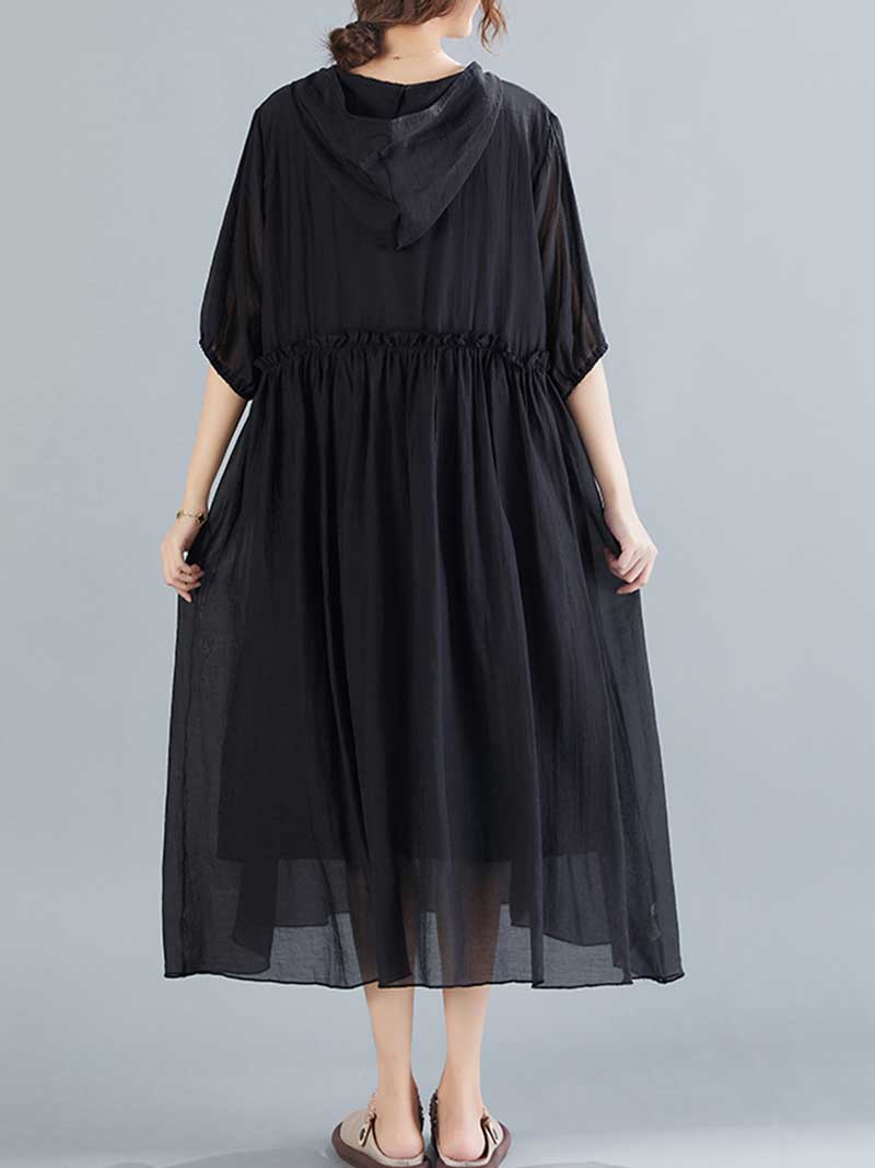 Hooded V-Neck Short Sleeve Pleated Loose A-Line Midi Dress 6