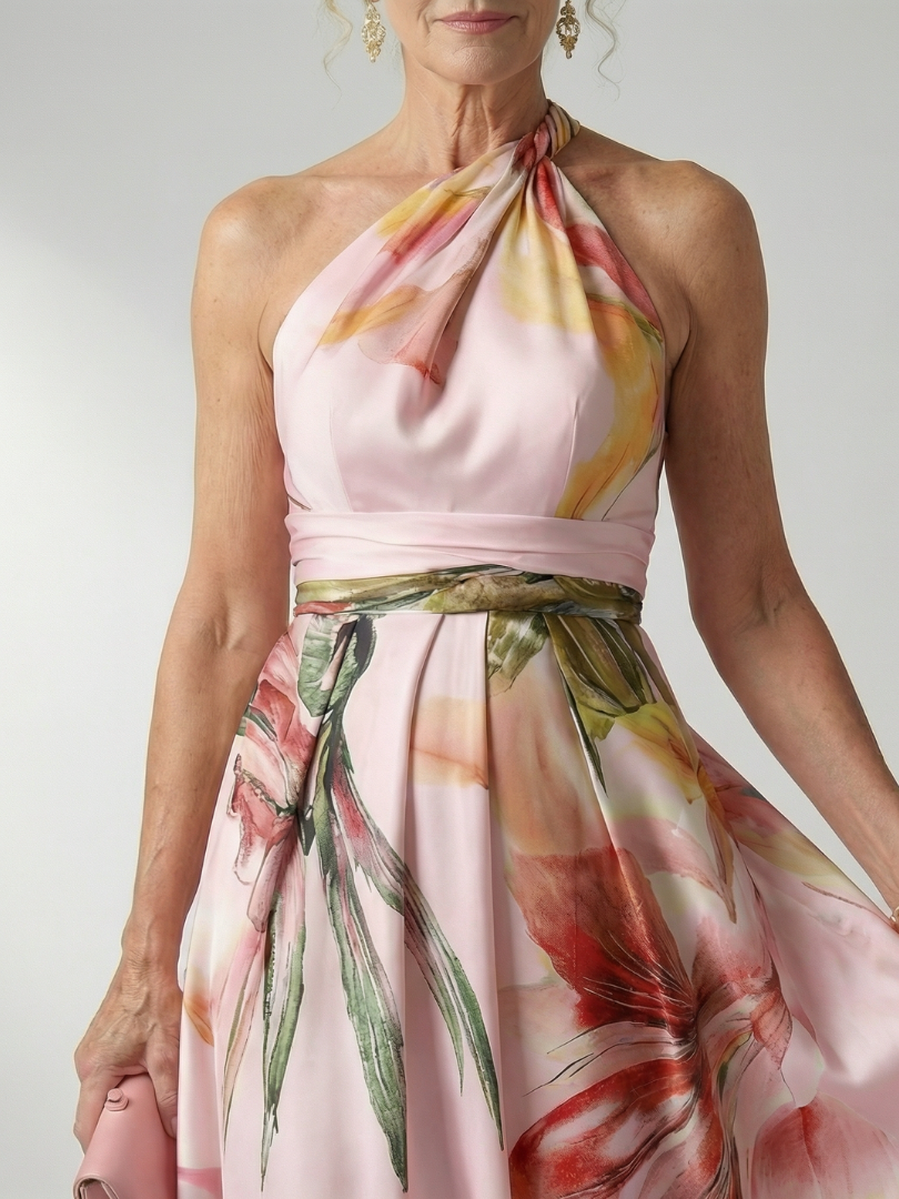 Halter Neck Twist Floral Print Satin A-Line Gown 14