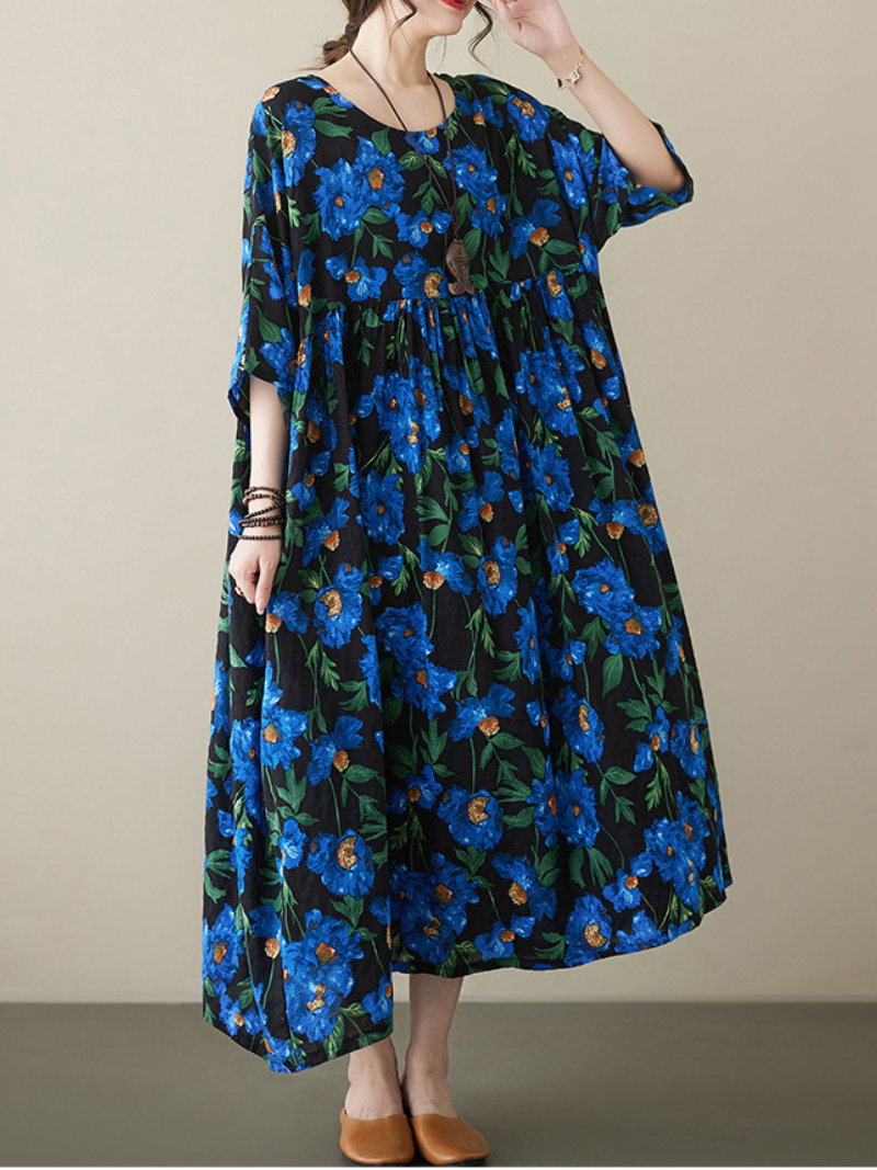 Blue Round Neck Floral Print High Waist Loose Cotton Maxi Dress