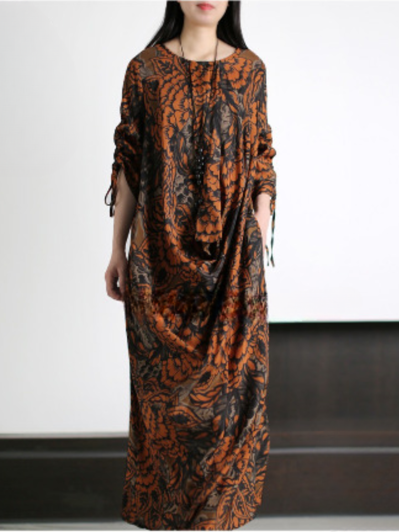Black Yellow Round Neck Floral Print Drawstring Sleeve Loose Maxi Dress