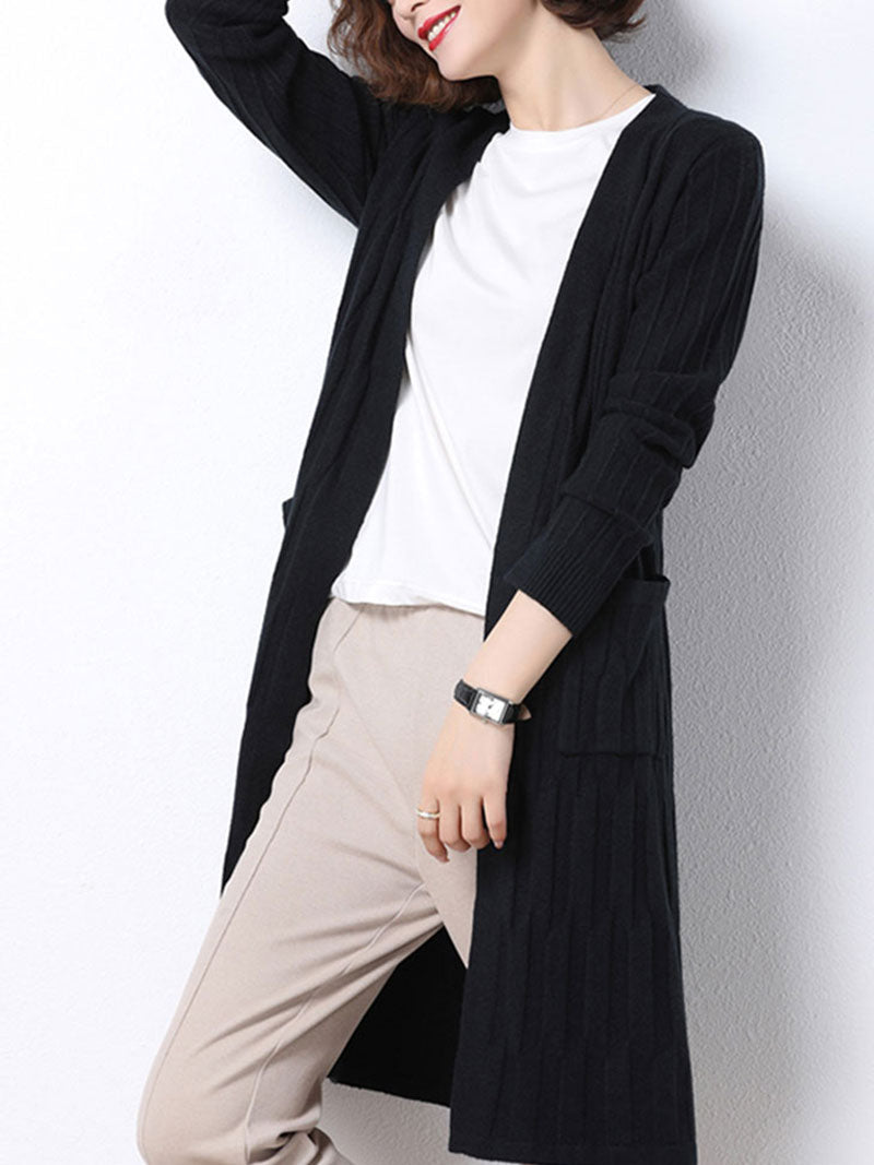 Open Front Ribbed Knit Patch Pocket Long Sleeve Cardigan 11