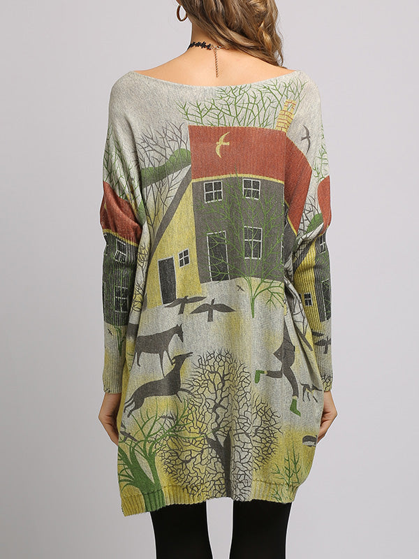 Boat Neck Scenic Print Long Sleeve Loose Knit Sweater 12