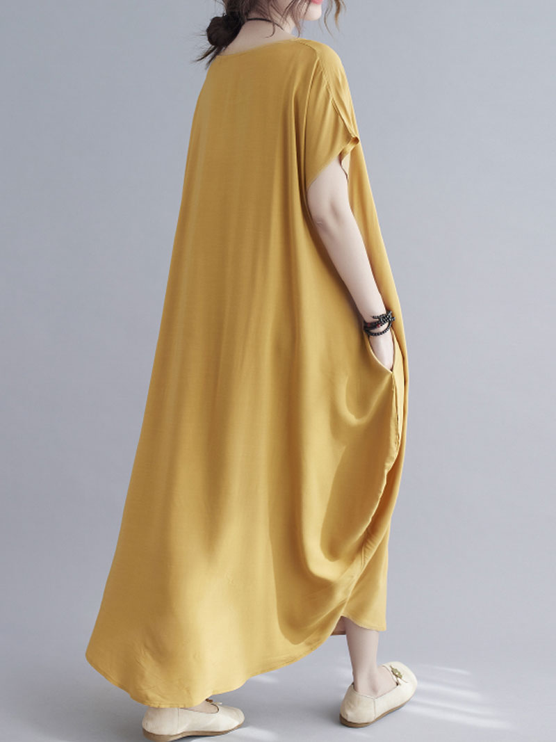 Round Neck Short Sleeve Loose Cocoon Maxi Dress 19