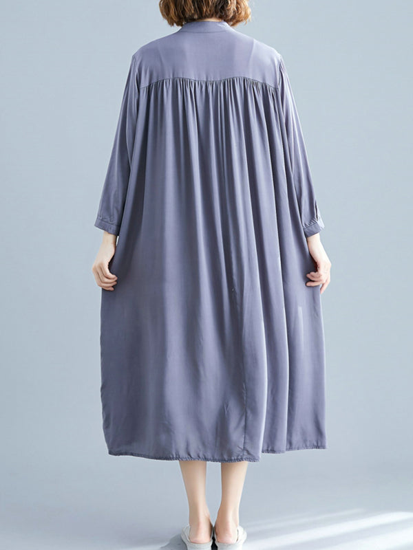 Stand Collar Long Sleeve Button Front Loose Shirt Midi Dress 4