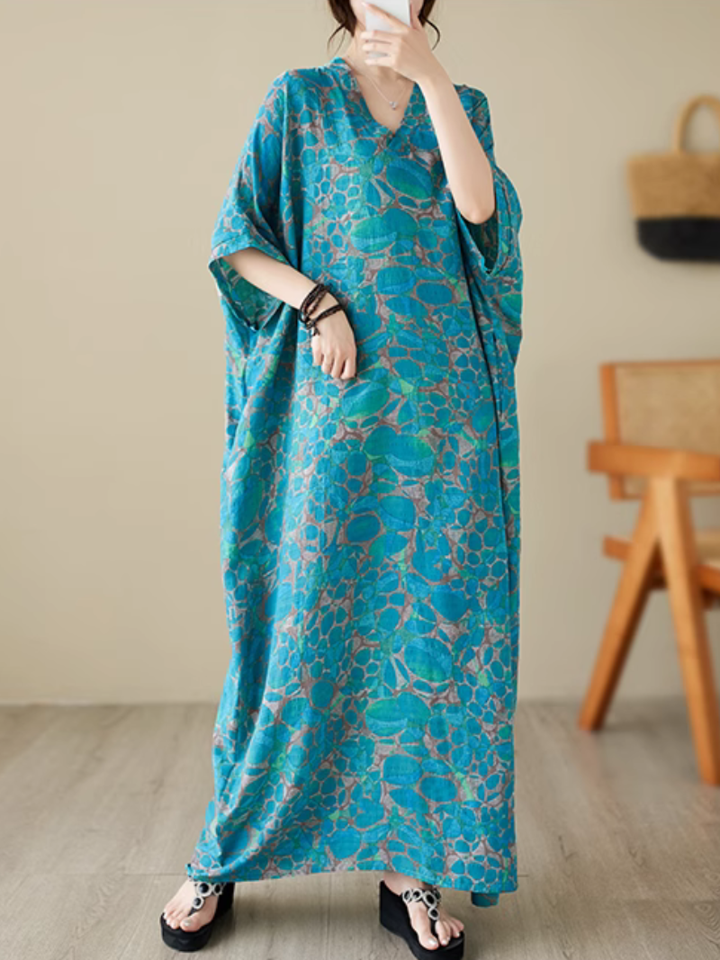 V-Neck Pebble Print Batwing Sleeve Loose Kaftan Maxi Dress 2