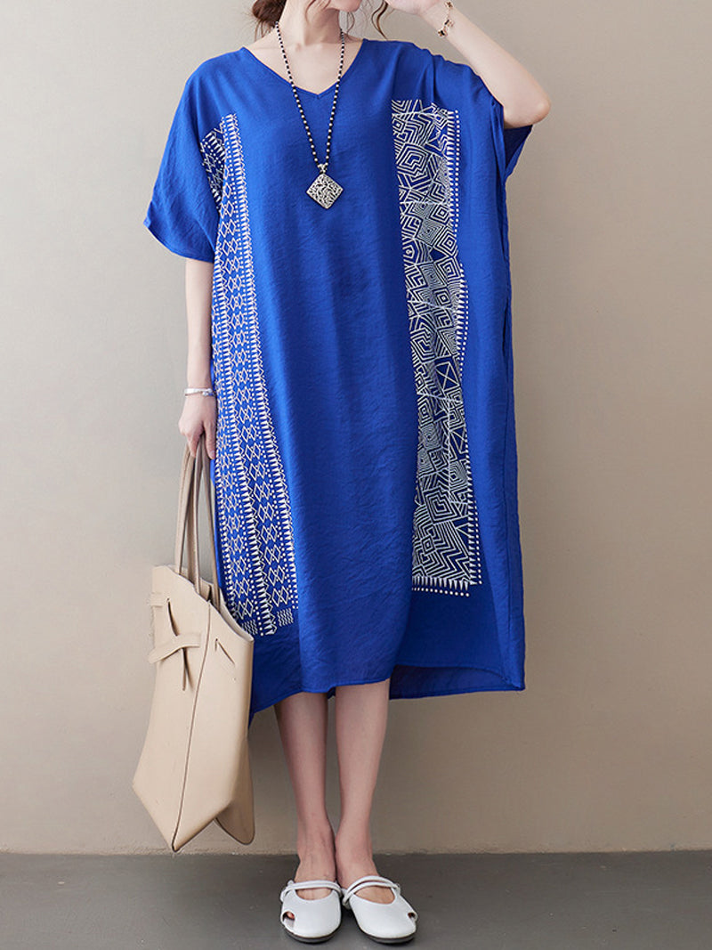 V-Neck Batwing Sleeve Geometric Print Loose Oversized Midi Dress 9