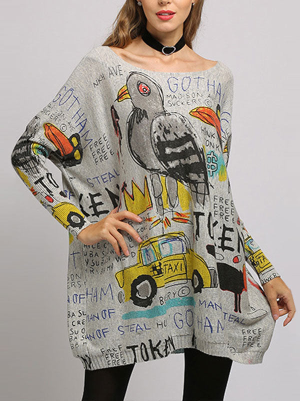 Boat Neck Long Sleeve Graffiti Print Oversized Knit Sweater 7