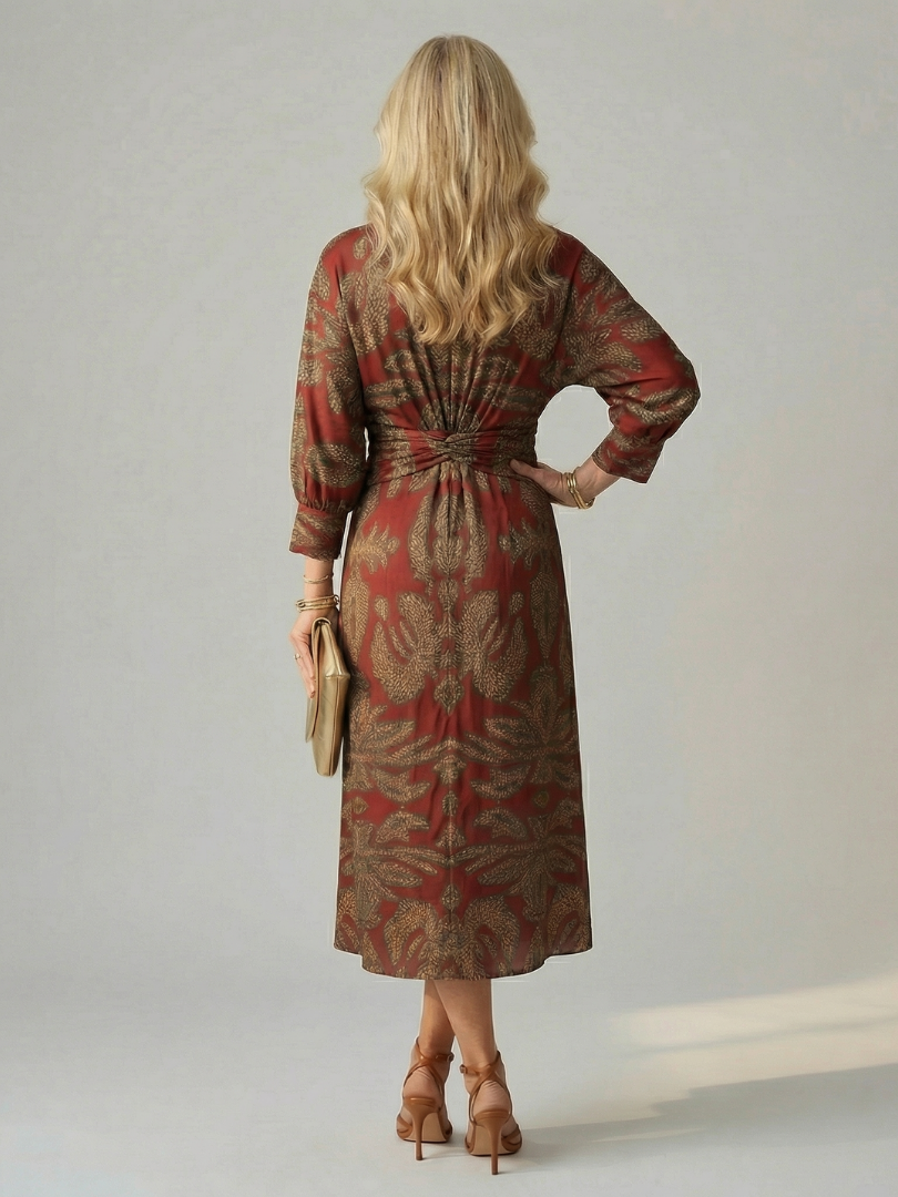 V-Neck Twist Front Long Sleeve Abstract Print Sheath Midi Dress