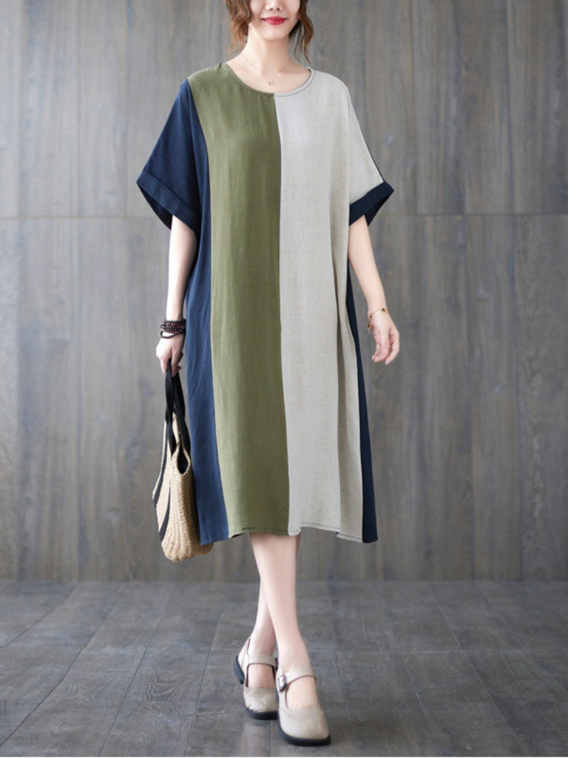 Round Neck Short Sleeve Colorblock Patchwork Cocoon Midi Dress 5
