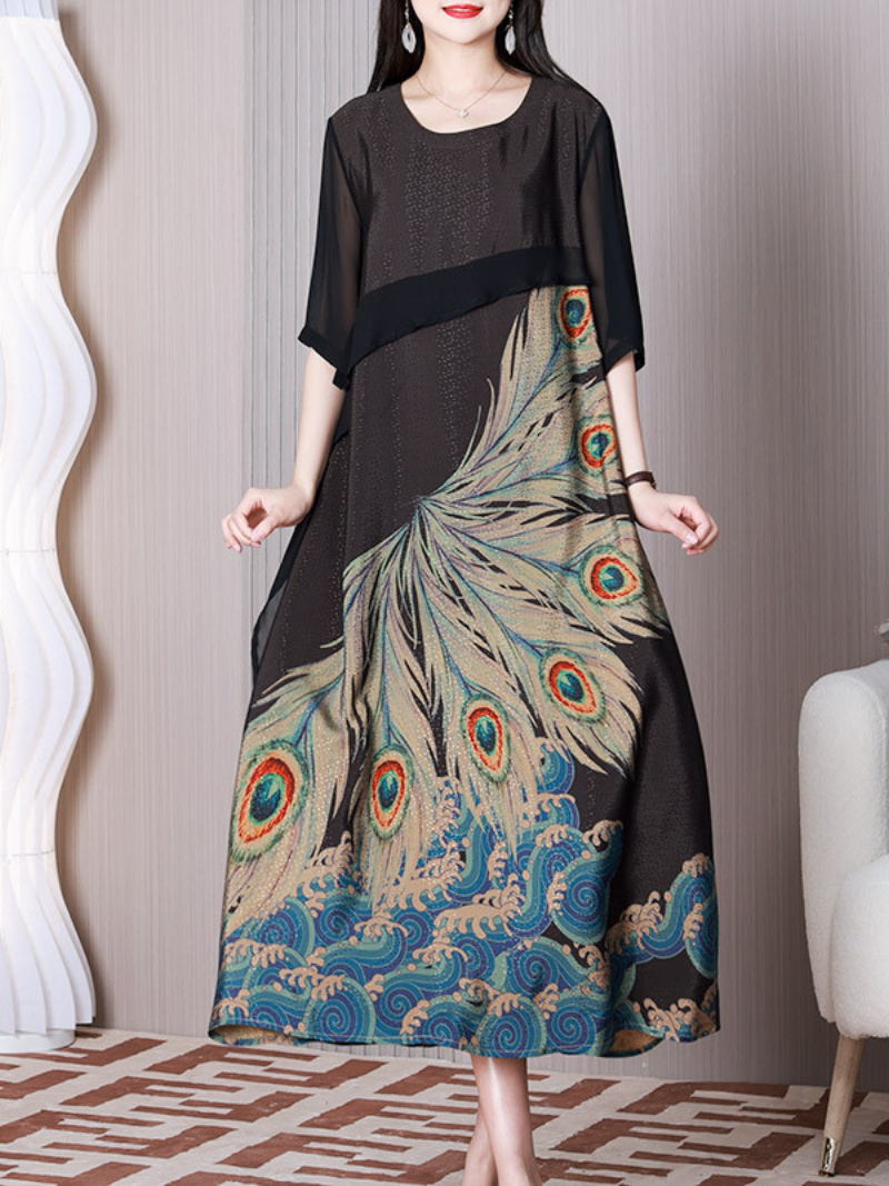 Round Neck Half Sleeve Peacock Print Chiffon Midi Dress