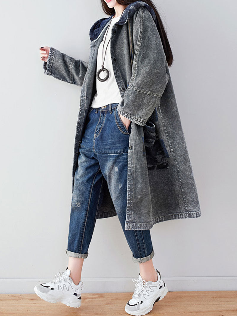 Hooded Graffiti Print Patch Pocket Long Denim Coat 10