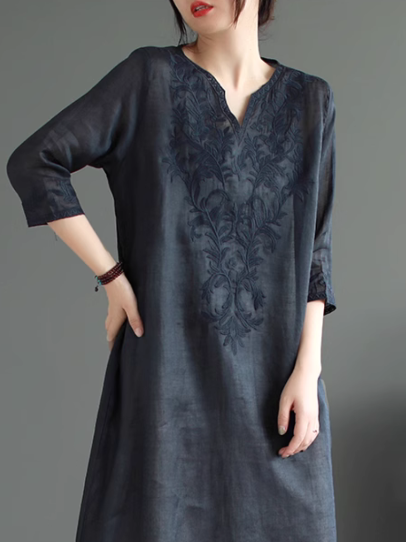 V-Neck Floral Embroidered Long Sleeve Loose Linen Midi Dress 5