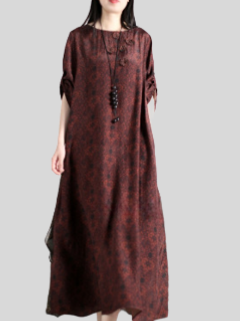Red Round Neck Frog Button Floral Print Loose Maxi Dress