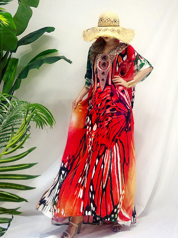 Red V-Neck Embellished Butterfly Print Batwing Sleeve Loose Kaftan Maxi Dress 2