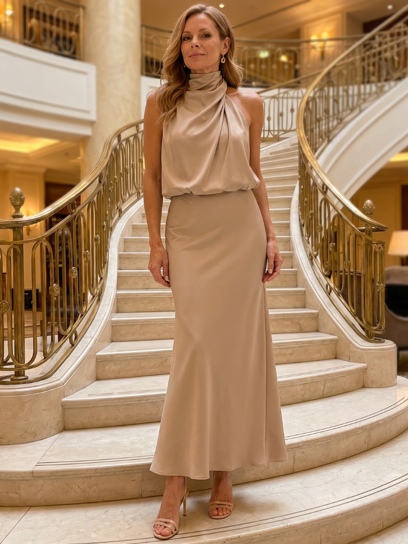 Halter Neck Twist Front Blouson Satin Column Maxi Dress 14