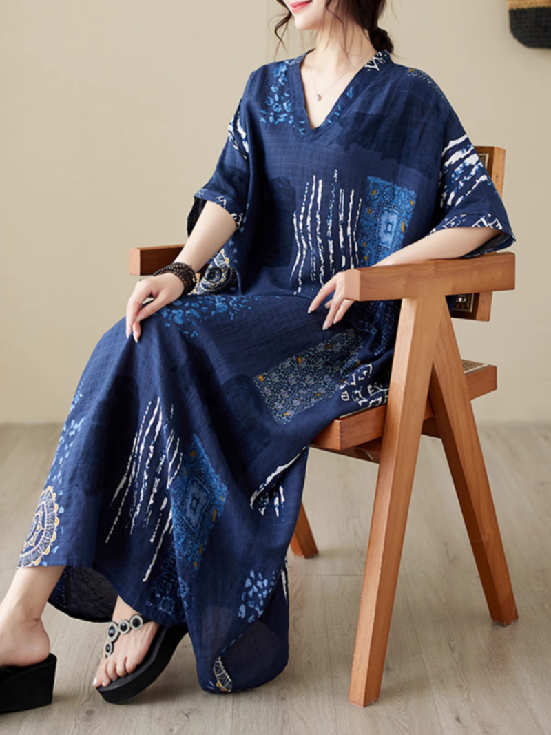 Blue V-Neck Batwing Sleeve Abstract Ethnic Print Loose Kaftan Maxi Dress 2